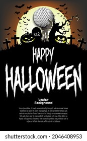 Happy Halloween. Zombie hand from the grave holding a golf ball. Pumpkins, spooky tree, crosses, coffin and bats. Pattern for banner, poster, greeting card, invitation. Vector illustration