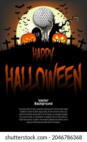Happy Halloween. Zombie hand from the grave holding a golf ball. Pumpkins, spooky tree, crosses, coffin and bats. Pattern for banner, poster, greeting card, invitation. Vector illustration