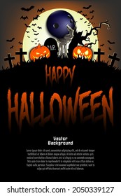 Happy Halloween. Zombie hand from the grave holding a bowling ball. Pumpkins, spooky tree, crosses, coffin and bats. Pattern for banner, poster, greeting card, invitation. Vector illustration