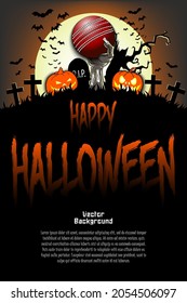 Happy Halloween. Zombie hand from the grave holding a cricket ball. Pumpkins, spooky tree, crosses, coffin and bats. Pattern for banner, poster, greeting card, invitation. Vector illustration