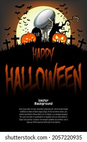 Happy Halloween. Zombie hand from the grave holding a rugby ball. Pumpkins, spooky tree, crosses, coffin and bats. Pattern for banner, poster, greeting card, invitation. Vector illustration