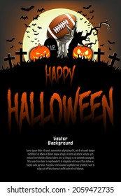 Happy Halloween. Zombie hand from the grave holding a football ball. Pumpkins, spooky tree, crosses, coffin and bats. Pattern for banner, poster, greeting card, invitation. Vector illustration