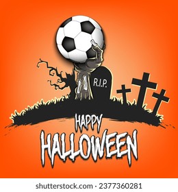 Happy Halloween. Zombie hand from the grave holding a soccer ball. Spooky tree, crosses and coffin. Design pattern for banner, poster, greeting card, flyer, party invitation. Vector illustration