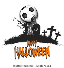 Happy Halloween. Zombie hand from the grave holding a soccer ball. Spooky tree, crosses and coffin. Design pattern for banner, poster, greeting card, flyer, party invitation. Vector illustration