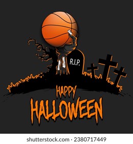Happy Halloween. Zombie hand from the grave holding a basketball ball. Spooky tree, crosses and coffin. Design pattern for banner, poster, greeting card, flyer, party invitation. Vector illustration