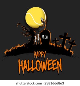 Happy Halloween. Zombie hand from the grave holding a tennis ball. Spooky tree, crosses and coffin. Design pattern for banner, poster, greeting card, flyer, party invitation. Vector illustration