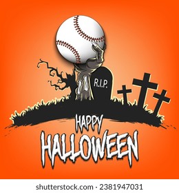 Happy Halloween. Zombie hand from the grave holding a baseball ball. Spooky tree, crosses and coffin. Design pattern for banner, poster, greeting card, flyer, party invitation. Vector illustration