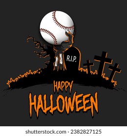 Feliz Halloween. Mano zombie de la tumba sosteniendo una pelota de béisbol. Árbol espumoso, cruces y ataúd. Patrón de diseño para banner, afiche, tarjeta de saludo, volante, invitación a fiesta. Ilustración del vector