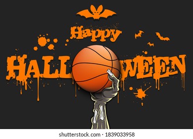 Happy Halloween. Zombie hand is holding a basketball ball. Template basketball design. Grunge style. Pattern for banner, poster, greeting card, flyer, party invitation. Vector illustration