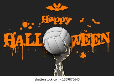 Happy Halloween. Zombie hand is holding a volleyball ball. Template volleyball design. Grunge style. Pattern for banner, poster, greeting card, flyer, party invitation. Vector illustration