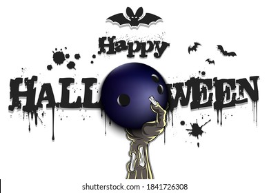 Happy Halloween. Zombie hand is holding a bowling ball. Template bowling design. Grunge style. Pattern for banner, poster, greeting card, flyer, party invitation. Vector illustration