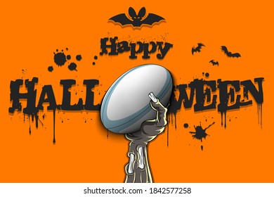 Feliz Halloween. La mano zombie está sosteniendo una pelota de rugby. Diseño de rugby de plantilla. Estilo Grunge. Patrón de banner, afiche, tarjeta de saludo, volante, invitación a fiesta. Ilustración del vector