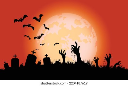 Happy Halloween, Zombie hands and Bats, Holiday lettering for banner, Vector illustration.