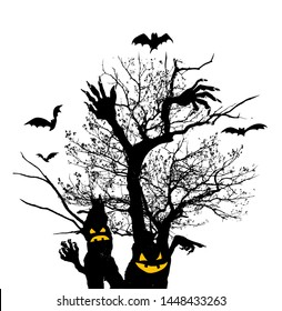 Happy Halloween. Zombie hands and the moon. Vector