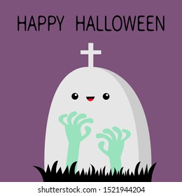 Happy Halloween. Zombie hands rising out of a grave stone. Black grass silhouette. Graveyard. Green color. Cute cartoon boo spooky character body part Violet background Flat design Vector illustration