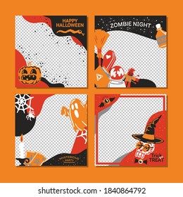 Happy Halloween Zombie Night Party promo sale social media banner template set with magic elements. Pumpkin, potion, candle, Ghost, skull, magic hat. Poster, banner, special offer with Copy space