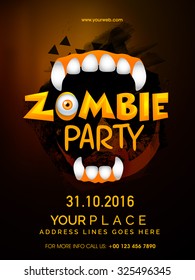 Happy Halloween, Zombie Party celebration template, banner or flyer design with vampire teeth on stylish background.