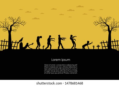 Happy Halloween. Zombie walking silhouette orange background