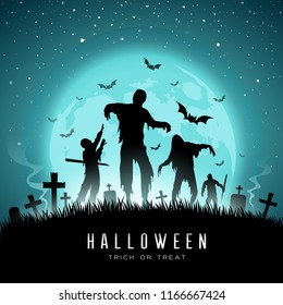 Happy Halloween Zombies and bat on full moon background, Vector illustration