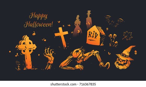 Happy Halloween! Zombies in cemetery & bats. Hand-drawn orange silhouettes on black background. Isolated vector for greeting cards & decoration black walls