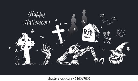 Happy Halloween! Zombies in the cemetery and bats. Hand-drawn white chalk on a blackboard. Isolated vector for design of greeting cards and decoration of black walls