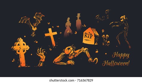 Happy Halloween! Zombies, graves & bats. Hand-drawn orange silhouettes on black background. Isolated vector for greeting cards & decoration of black walls