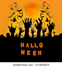 Happy Halloween Zombies hand and dark bats on big red Moon background, illustration. Space for your Text.