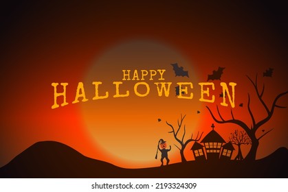Happy halloween, with zombies, old house and leafless tree, spooky full moon in the night sky realistic illustration