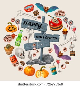 Happy halloween. Zombies party with cartoon sweet food