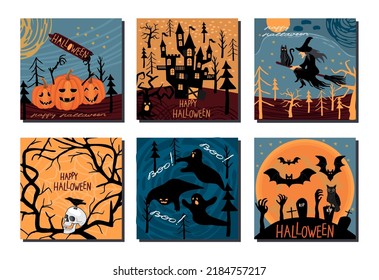 Happy Halloween!Artistic  background set.Pumpkins with faces, scary castle,witch on broomstick,  skull, ghosts, big moon and bats.Colorful banners for trick or treat event.Vector flat  illustration.