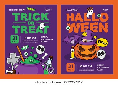 Happy Halloweenbanner and poster template with Typography , halloween pumpkin , Moon, Pumpkin ghost,Wizard Hat,cute ghost,cartoon skull and halloween elements.Trick or Treat. Banner,website,poster
