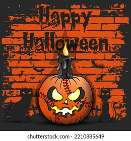Happy Halloween.Baseball ball in the form of a pumpkin with a candle and cats against the background of bricks. Pattern for banner, poster, greeting card, invitation. Vector illustration 