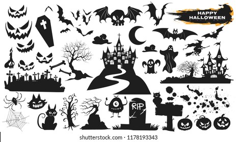 Happy Halloween,Collection of halloween silhouettes icon and character.