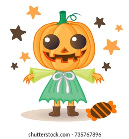 Happy Halloween.Cute pumpkin Cartoon funny character.Vector illustration.
