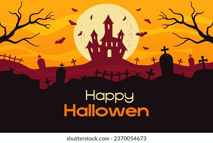 Happy Halloween.Dark castle on the background of the moon. Vector illustration