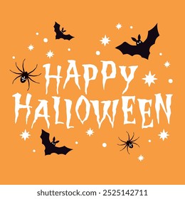 Happy Halloween,flying bats, spiders, stars vector cartoon illustration.