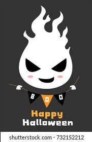 Happy Halloween.Flying ghost spirit holding bunting flag Boo. Smiling face, hands. Black background Greeting card. Flat design. Vector illustration