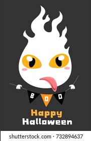 Happy Halloween.Flying ghost spirit holding bunting flag Boo. Smiling face, hands. Black background Greeting card. Flat design. Vector illustration