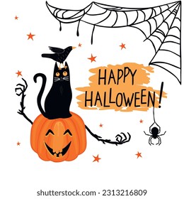 ¡Feliz Halloween!Tarjeta de saludo o afiche con linterna de calabaza naranja, gato negro, cuervo, telaraña y araña.Texto escrito a mano.Imágenes prediseñadas para eventos de vacaciones.Ilustración vectorial sobre fondo blanco.