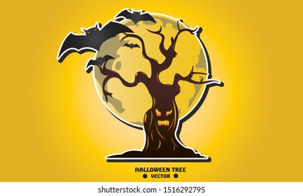 Happy Halloween,Halloween Tree bat and moon Vector design,icon Halloween Tree.