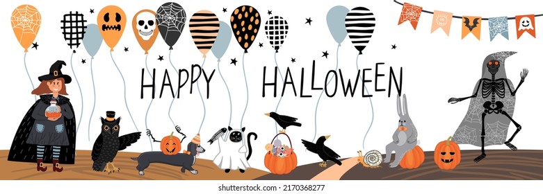 Happy Halloween!Horizontal banner with cartoon characters, balloons and a garland of flags.Witch, owl, crows, rabbit, dog, snail, pumpkin and human skeleton.Vector hand drawn illustration.