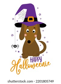 Feliz Halloween - Dibujo y frase de doodle para la fiesta de Halloween. Letras dibujadas a mano para tarjetas de felicitación, invitación. Bien por camisetas, taza, regalo, imprenta. Adorable perro dachshund.