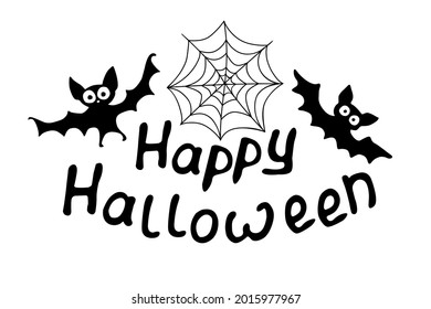 Happy Halloween-lettering with bats. Set of Isolated flat design elements, black silhouette. Festive title for greeting card, invitation, party, poster, banner