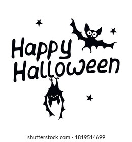 Happy Halloween-lettering with bats, stars. Set of Isolated flat design elements, black silhouette. Festive title for greeting card, invitation, party, poster, banner