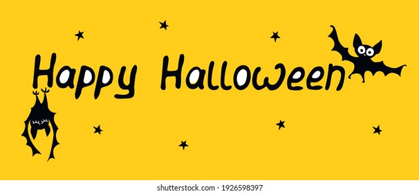 Happy Halloween-lettering with bats, stars. Set of Isolated flat design elements, black silhouette. Festive title for greeting card, invitation, party, poster, banner