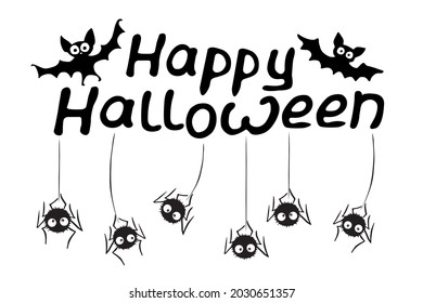 Happy Halloween-lettering with cute bats and spiders hanging and swing on web. Isolated flat design elements, black silhouette. Festive title for greeting card, invitation, party, poster, banner
