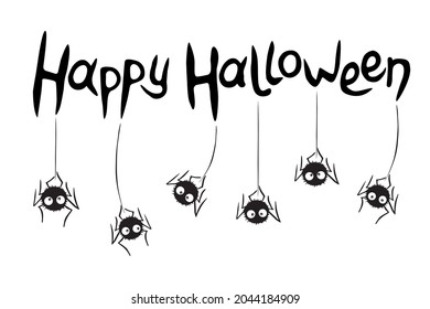 Happy Halloween-lettering with cute spiders hanging on web. Isolated flat design elements, black silhouette. Festive title for greeting card, invitation, party, poster, banner