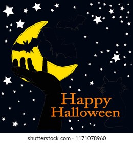 Happy Halloween.October Holiday.Halloween scene with hand,bat.black cat.moon and stars.Spooky.