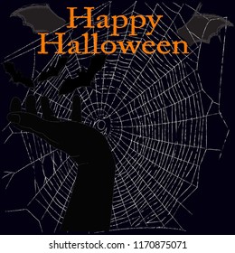 Happy Halloween.October Holiday.Pumpkin.Halloween scene with hand,cobweb and wings from the bat