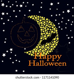 Happy Halloween.October Holiday.Pumpkin.Halloween scene with pumpkin,bat,black cat,moon and stars.spooky.